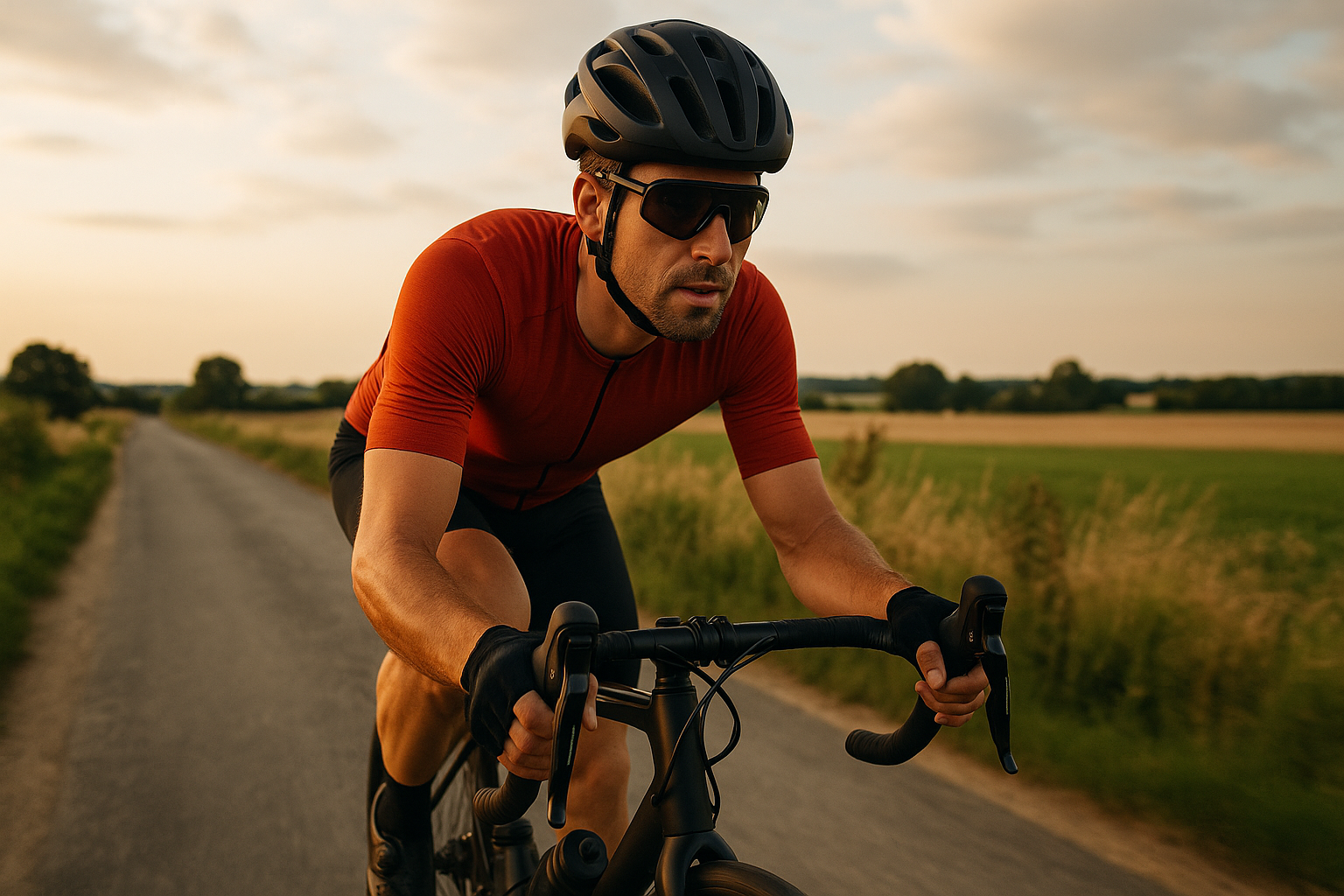 A focused male cyclist wearing a red jersey and black helmet rides a road bike along a rural path at sunset, with blurred green fields in the background