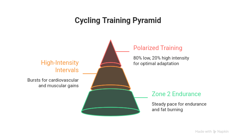 Cycling training pyramid explaining which zones you should focus on the most for boosting your cycling training