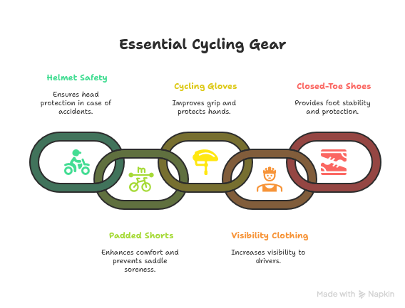 Infographic titled “Essential Cycling Gear” with five linked chain icons, each representing key items: Helmet Safety (ensures head protection), Cycling Gloves (improves grip and protects hands), Closed-Toe Shoes (provides foot stability and protection), Padded Shorts (enhances comfort and prevents saddle soreness), and Visibility Clothing (increases visibility to drivers)