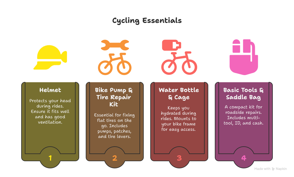 Infographic of absolute cycling essentials for beginners showing four must-have items: helmet for head protection, bike pump and tire repair kit for fixing flats, water bottle and cage for hydration, and basic tools with saddle bag for roadside repairs